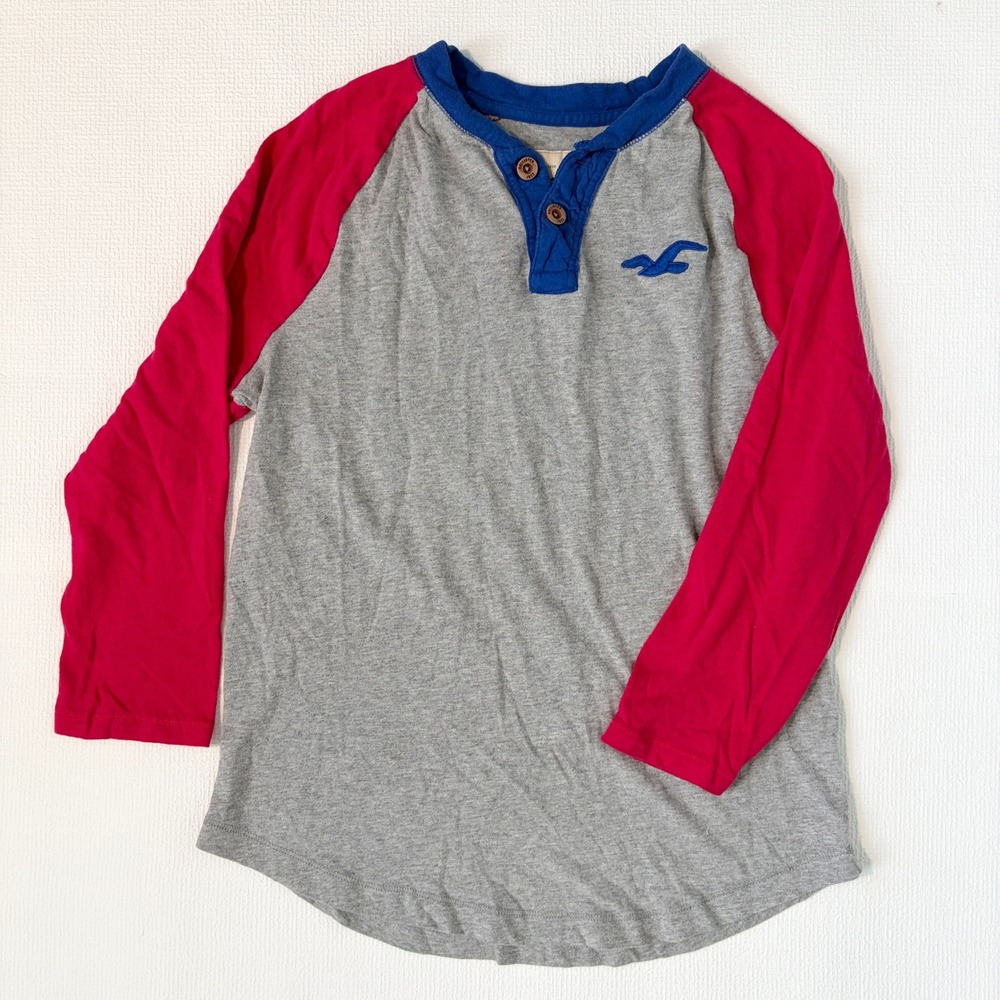Hollister Henley Shirt Raglan Sleeve Colorblock Small Grey Red Blue
